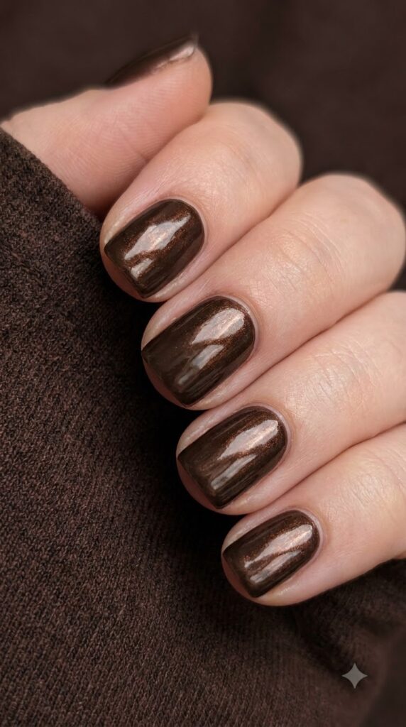 Short square dark cacao brown nails with metallic brown chrome dust