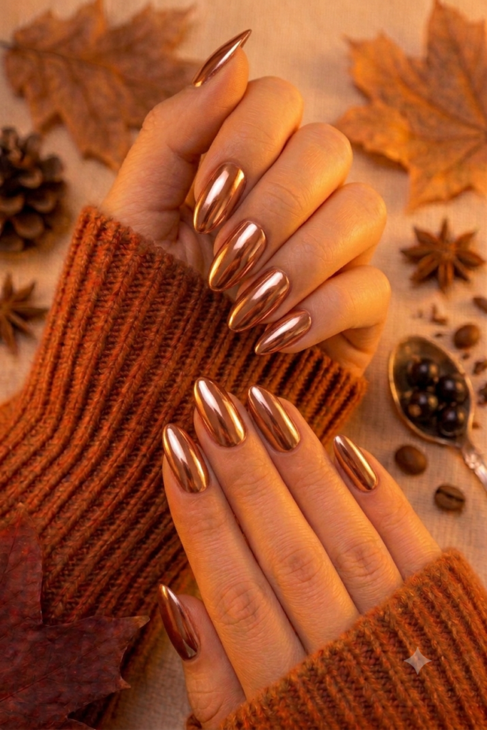 Almond nails with shiny chrome copper metallic mirror polish