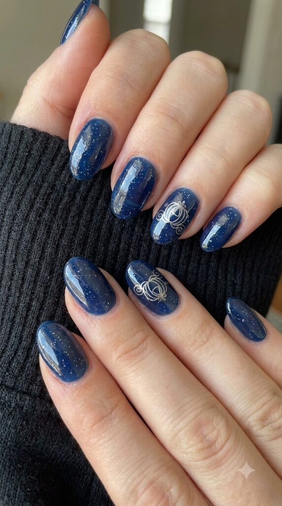 Oval midnight blue jelly nails with silver glitter and pumpkin carriage