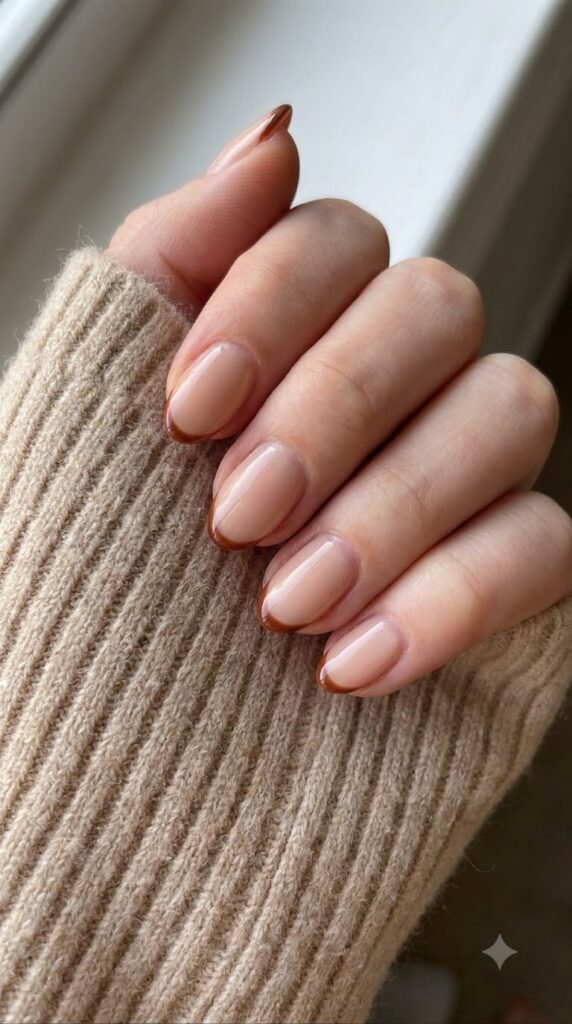 Short almond nude nails with fine cinnamon brown tip outline lines