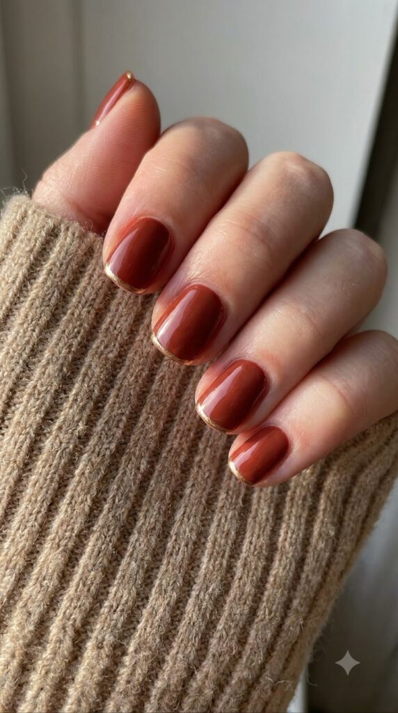 Short square cinnamon red nails framed with ultra-thin metallic gold borders