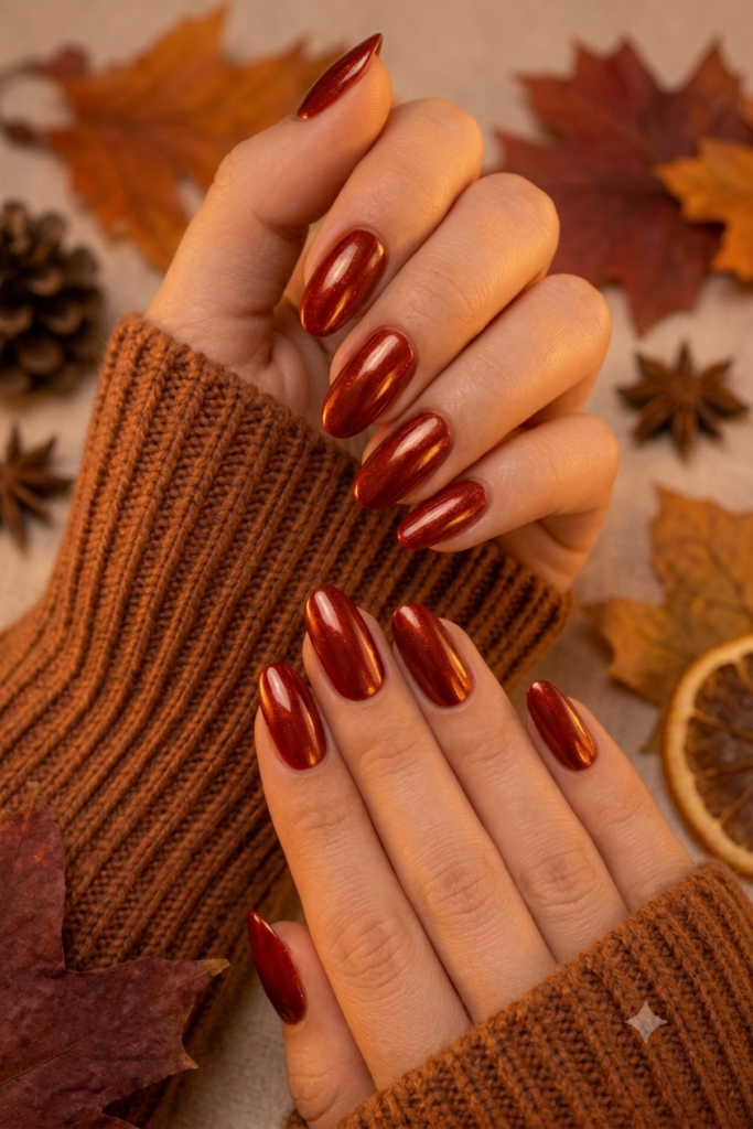 Oval nails painted in rich cinnamon spice red polish with orange undertones