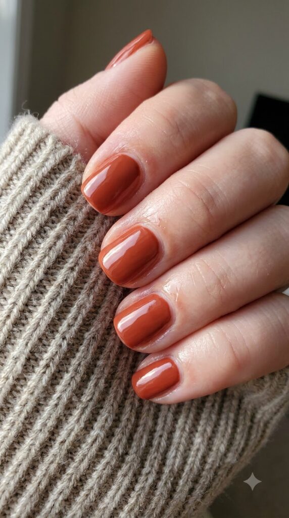 Short squoval nails painted in rich cinnamon red polish