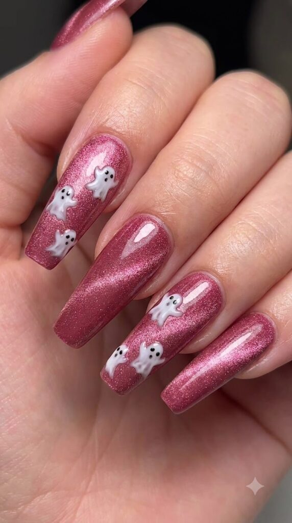 Coffin rose pink magnetic cat-eye nails with 3D white gel ghosts