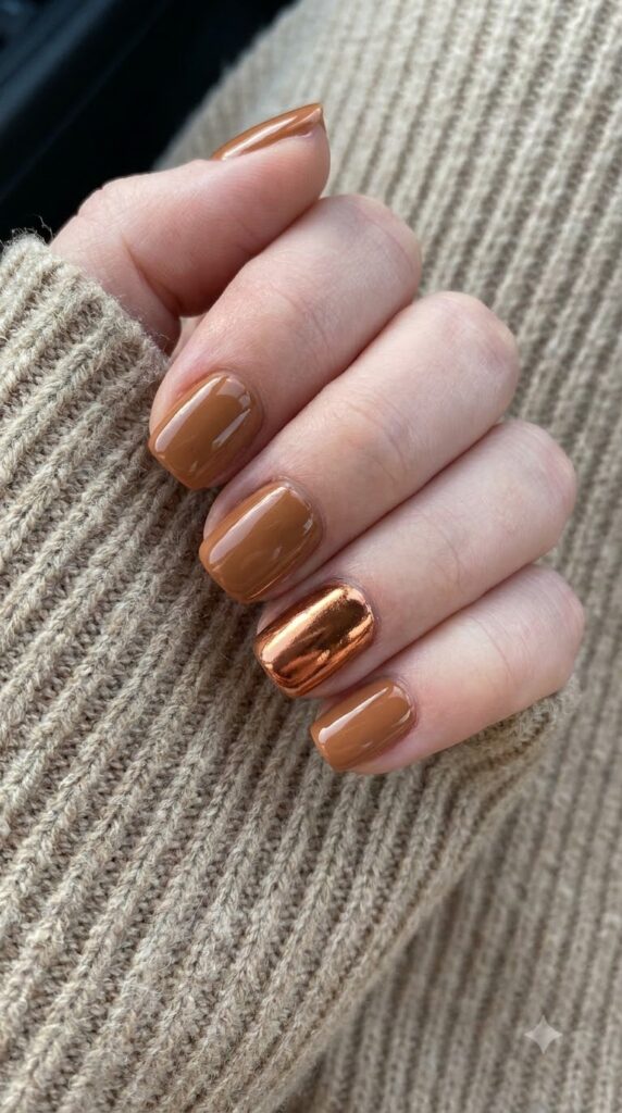 Short squoval caramel brown nails with shiny copper metallic accent