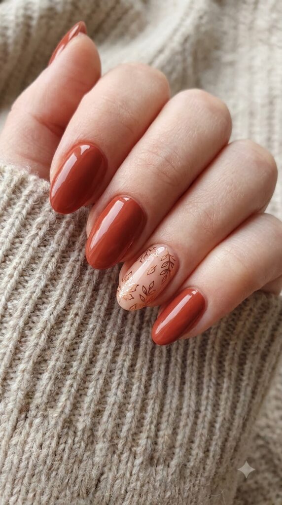 Oval cinnamon red nails with a nude accent nail featuring leaf line art