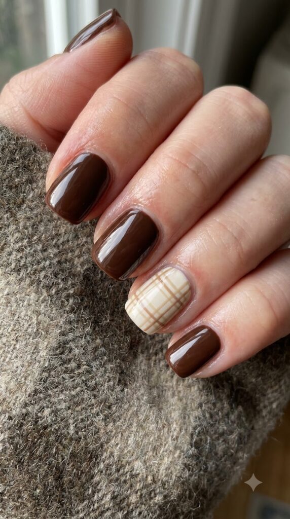 Short square brown nails with a fine cream and tan plaid accent pattern
