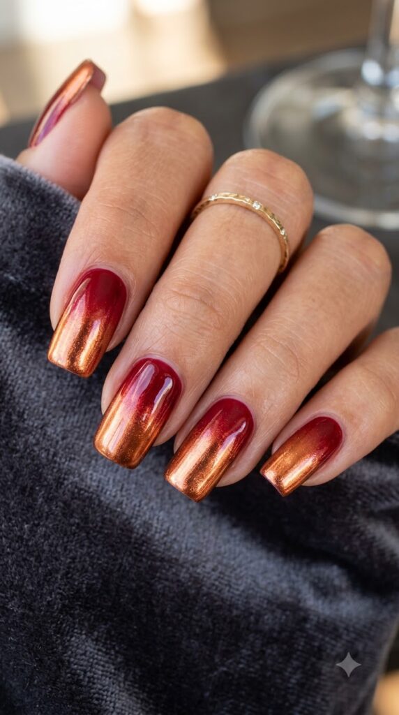 Squoval cranberry red nails fading smoothly into shiny copper metallic tips
