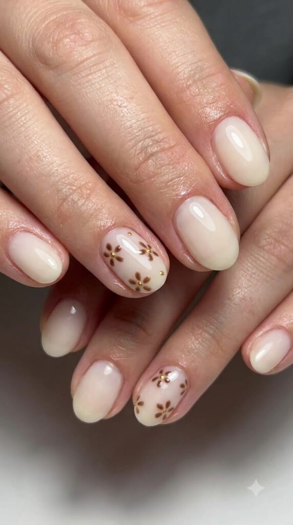 Short oval cream nails with delicate brown daisy petals and gold centers