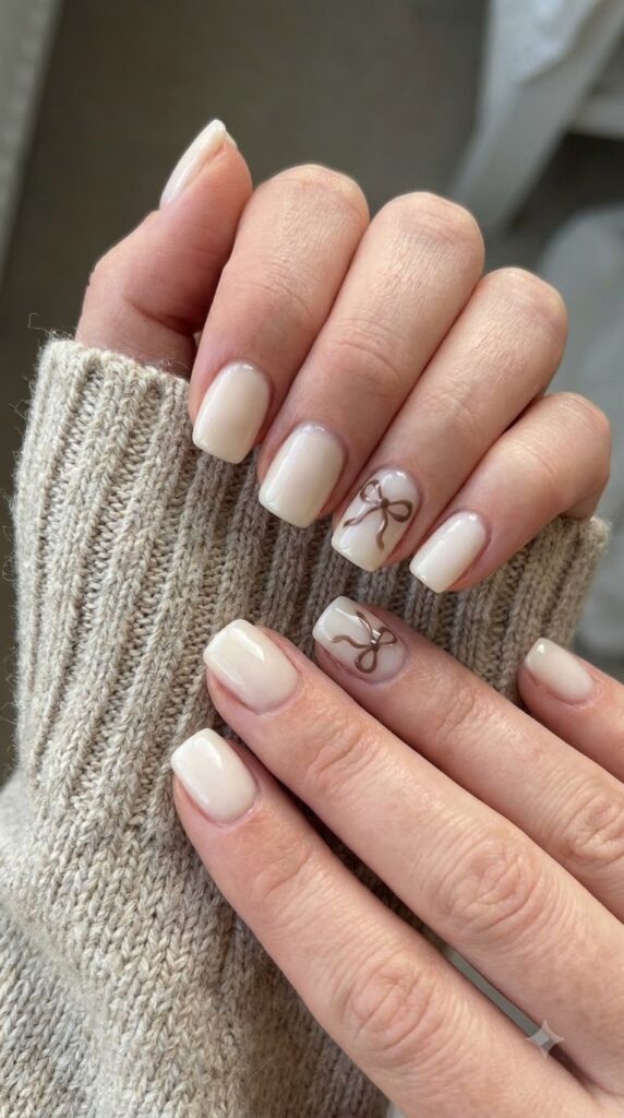 Short square milky cream nails decorated with fine mocha brown ribbon bows