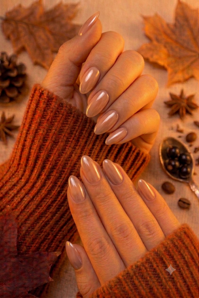 Almond nails with sheer caramel nude glazed chrome finish