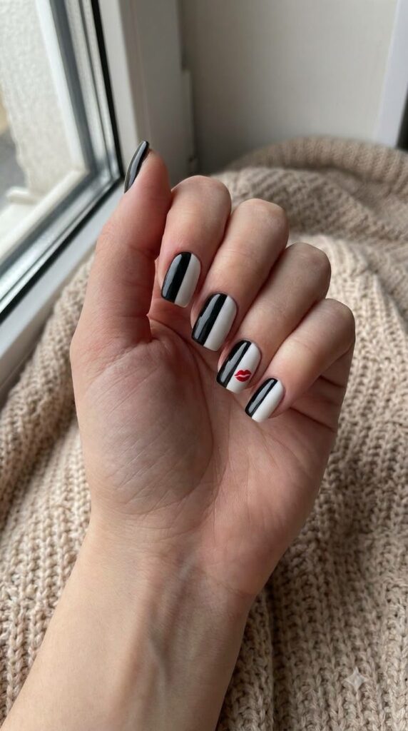 Short square half-black half-white nails with red lip accent