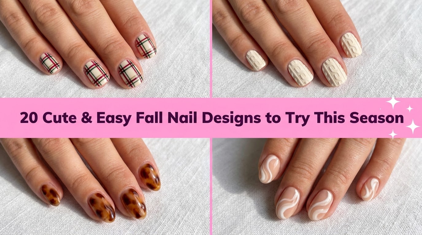 Collage of cute and easy fall nail designs for the autumn season