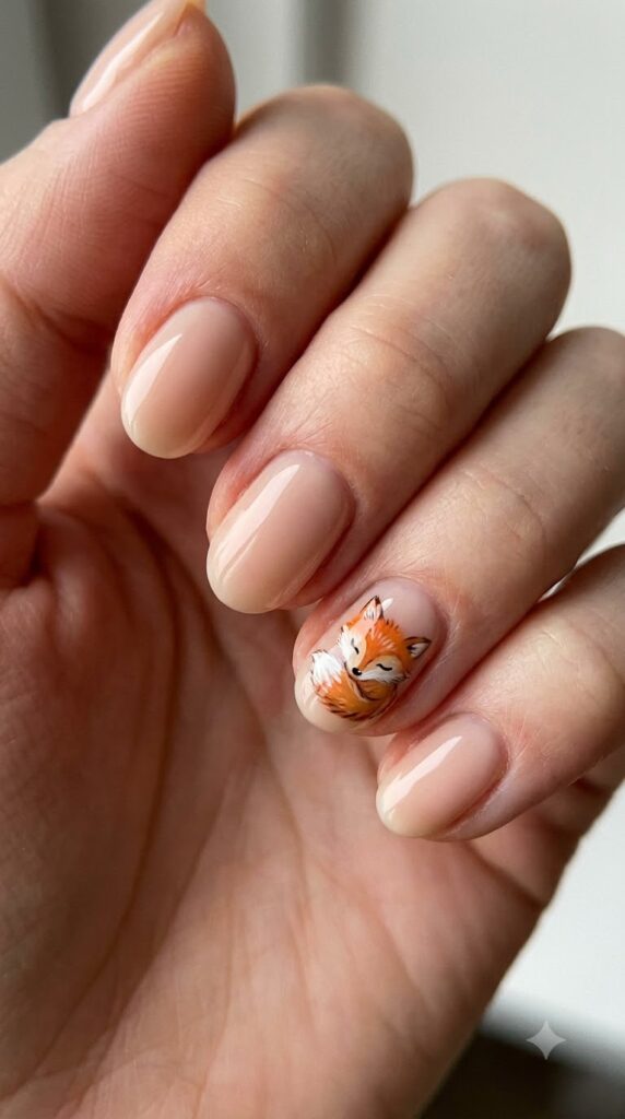 Short oval nude nails with a cute sleepy orange and white fox face accent