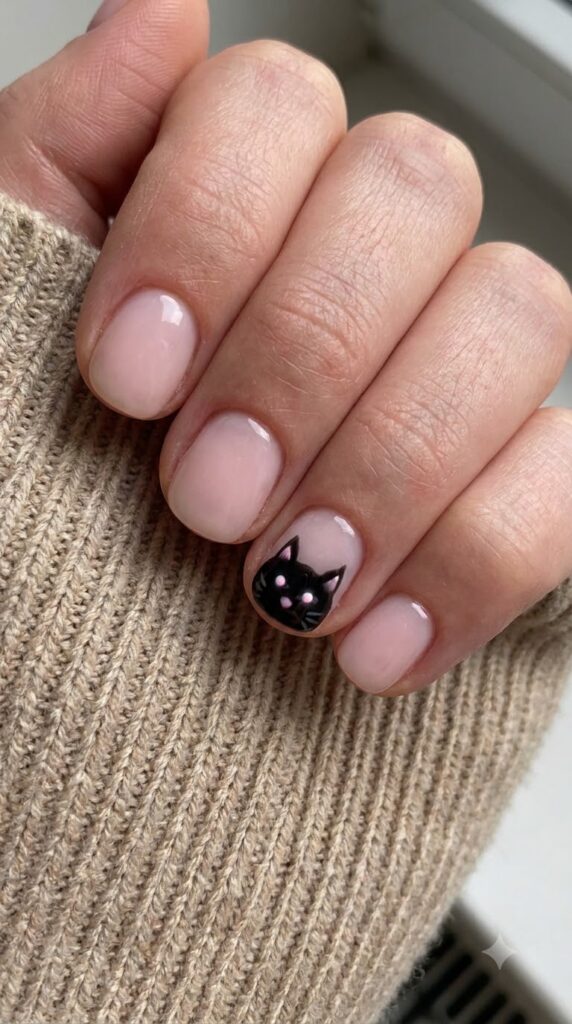 Short round milky pink nails with tiny black cat face and pink eyes