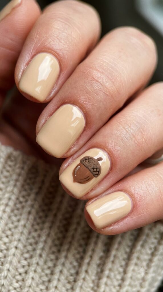 Short squoval cream nails with a tiny hand-painted brown acorn on ring finger