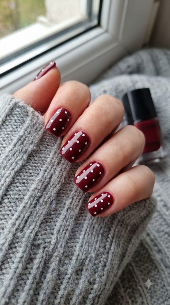 Short squoval dark cherry red nails with tiny hand-painted white polka dots