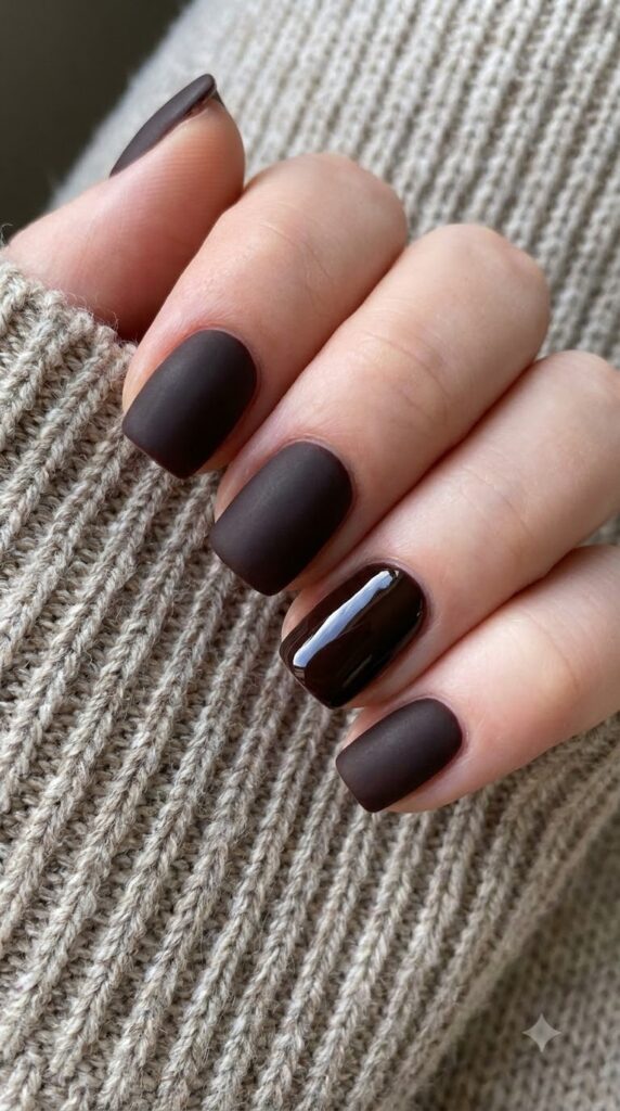 Short square dark chocolate nails with matte finish and glossy accent