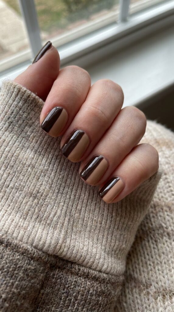 Short square nails split vertically with dark chocolate and warm nude