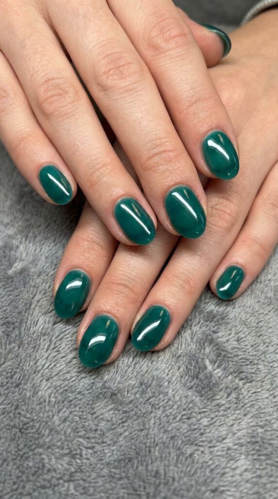 Short oval translucent dark teal green jelly nails with glass-like shine