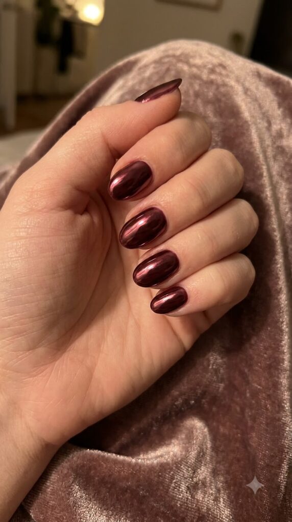Short oval nails with deep burgundy wine polish and glazed chrome finish