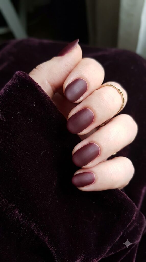 Short oval oxblood burgundy nails with a velvety matte top coat finish