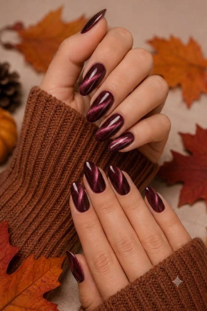 Medium almond nails with deep burgundy wine magnetic cat-eye velvet polish