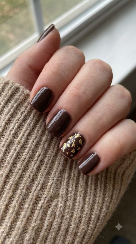 Short squoval cacao brown nails with scattered gold leaf foil flecks