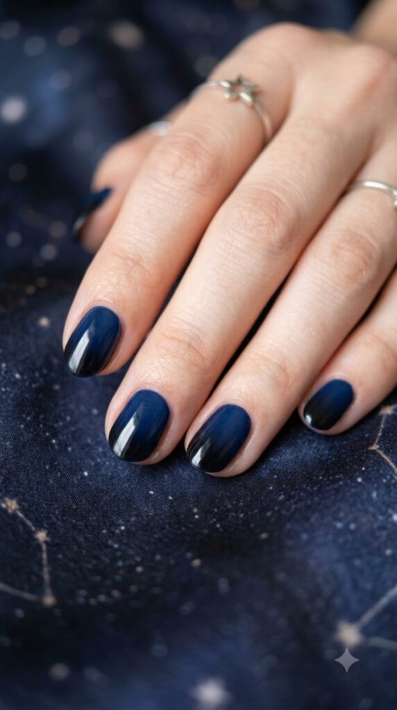 Short almond rich navy blue nails dissolving into solid midnight black tips