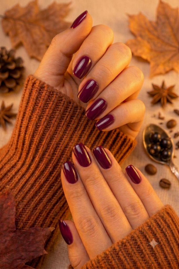Almond nails painted in deep plum berry purple glossy polish