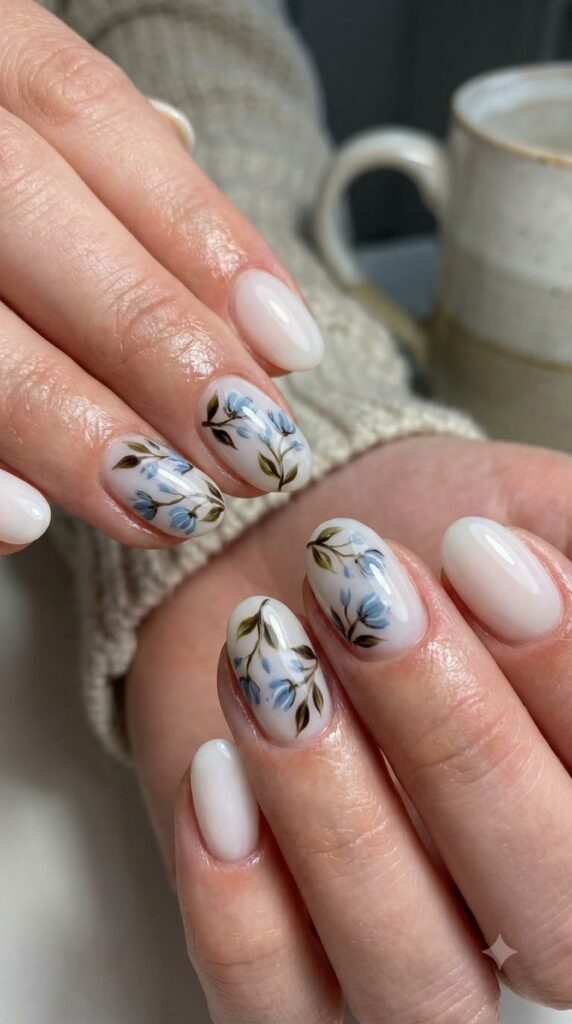 Short oval white nails with hand-painted dusty blue autumn floral branches
