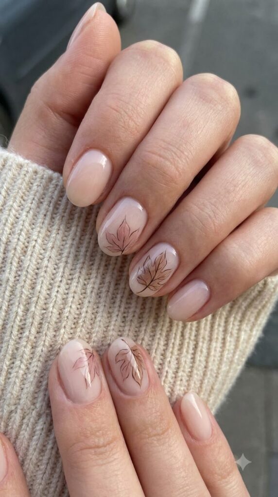 Short oval nude nails with fine hand-painted dusty pink and brown leaf outlines