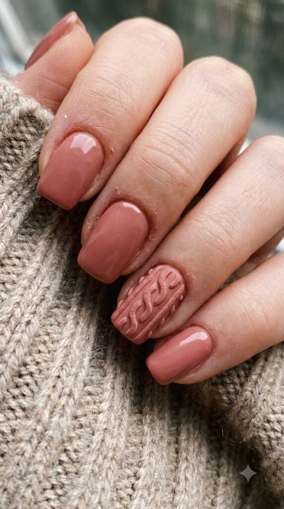 Squoval dusty rose nails with 3D cable-knit sweater texture accent art