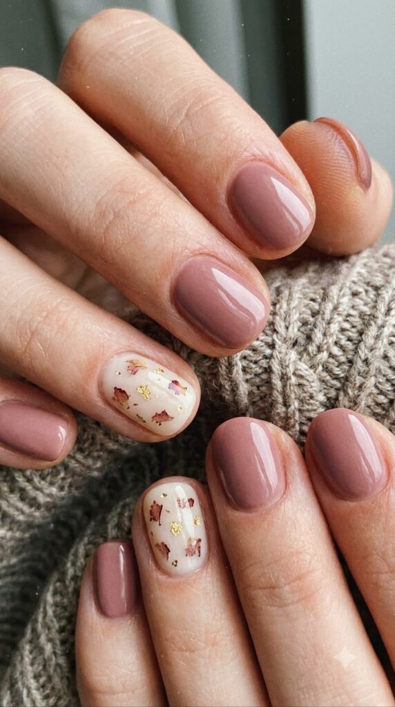 Short round dusty rose nails with milky cream floral accent art