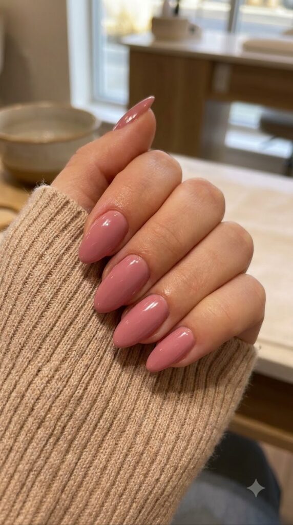Medium almond nails painted in glossy dusty rose pink polish