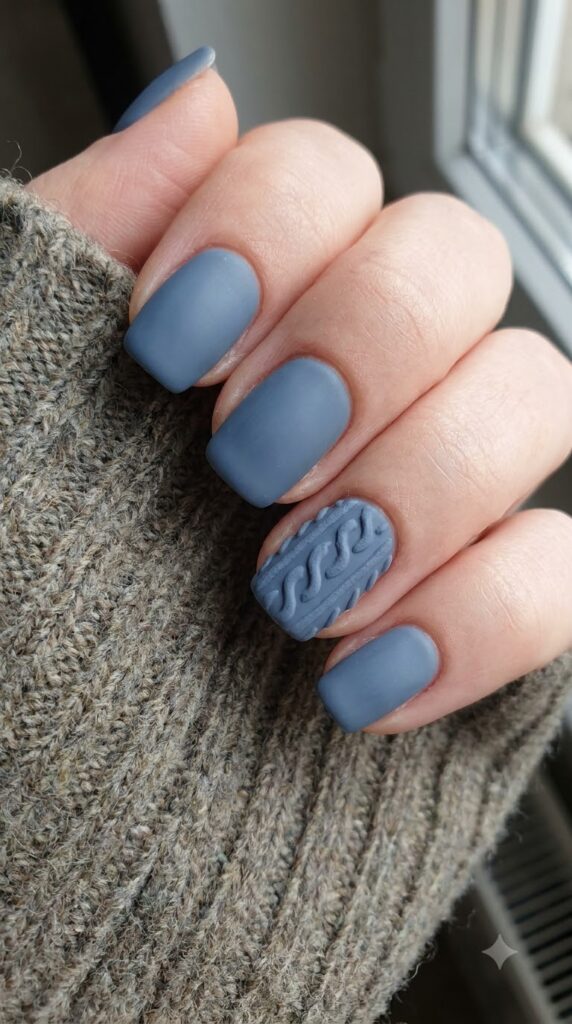 Short squoval dusty slate blue nails with 3D cable-knit sweater texture