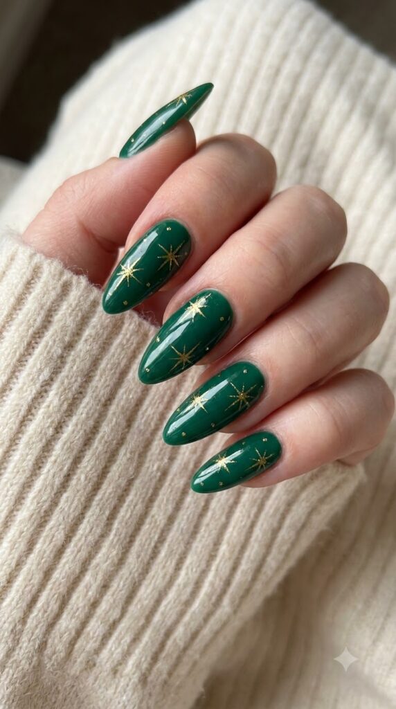 Almond dark emerald green nails decorated with delicate golden starbursts