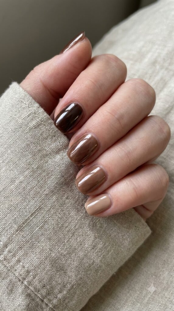 Short natural nails with five-finger brown gradient buffed in glazed chrome