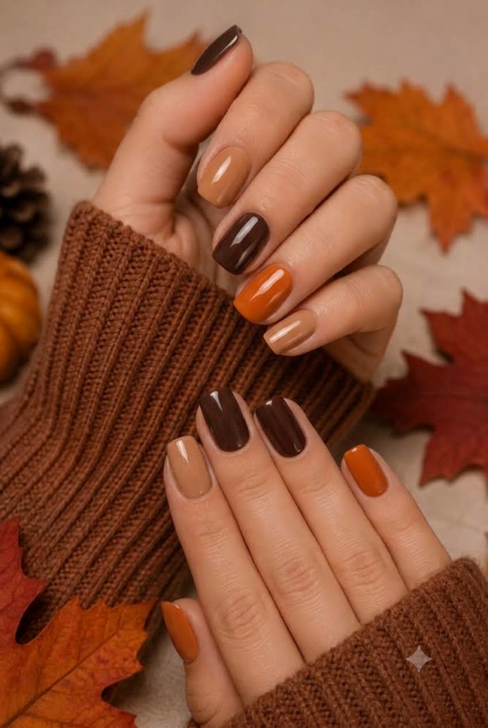 Short natural nails alternating espresso brown, pumpkin orange, and caramel nude
