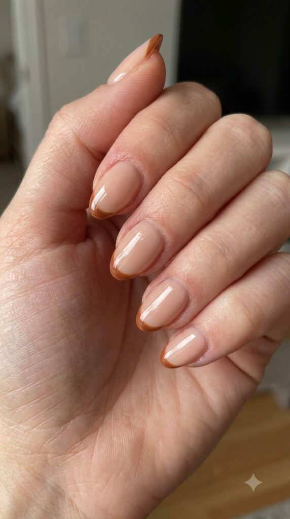 Short almond nails with nude base and thin brown French tips