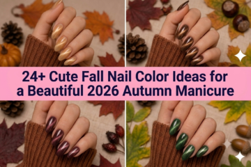 Collage of cute fall nail color ideas for a beautiful 2026 autumn manicure