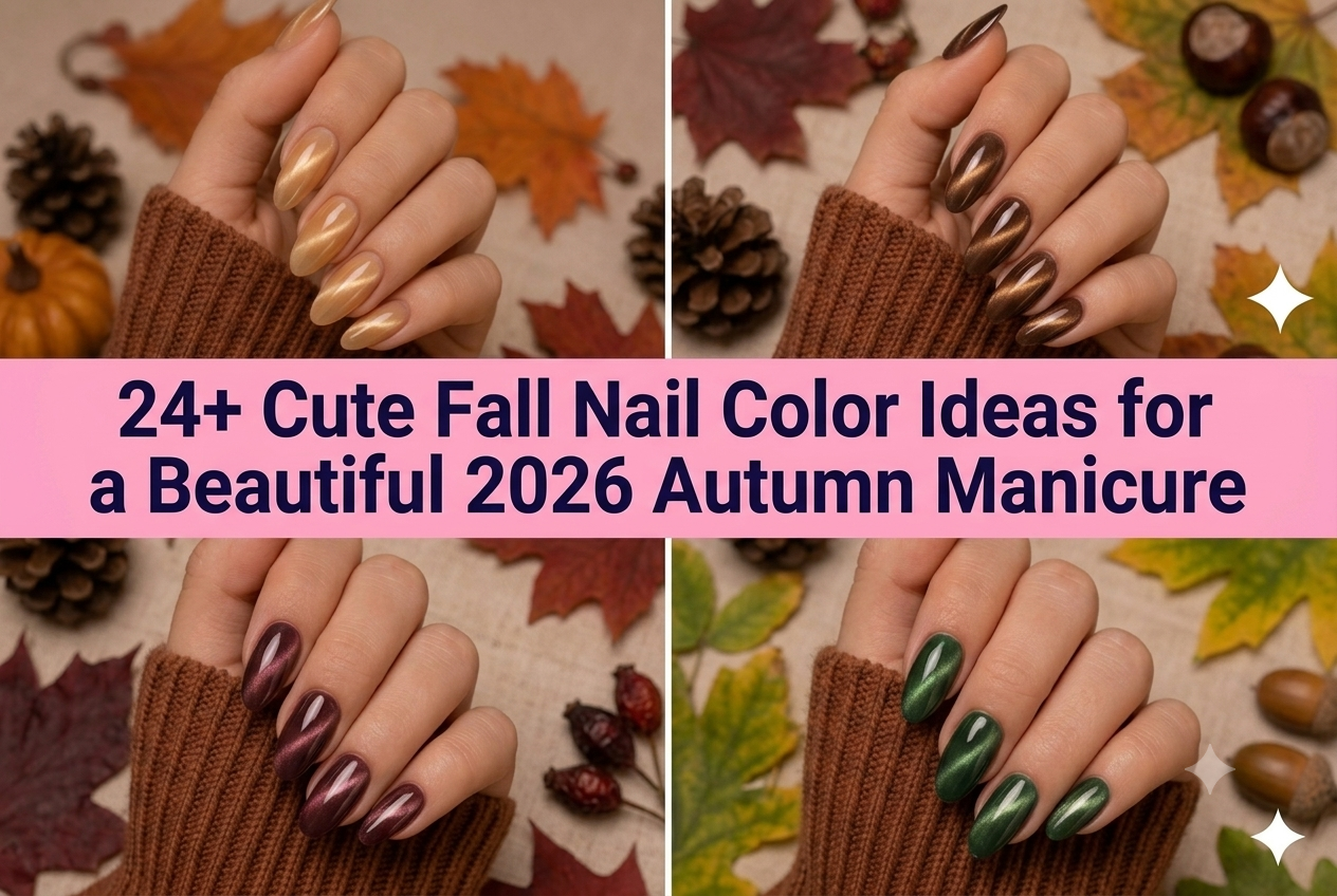 Collage of cute fall nail color ideas for a beautiful 2026 autumn manicure