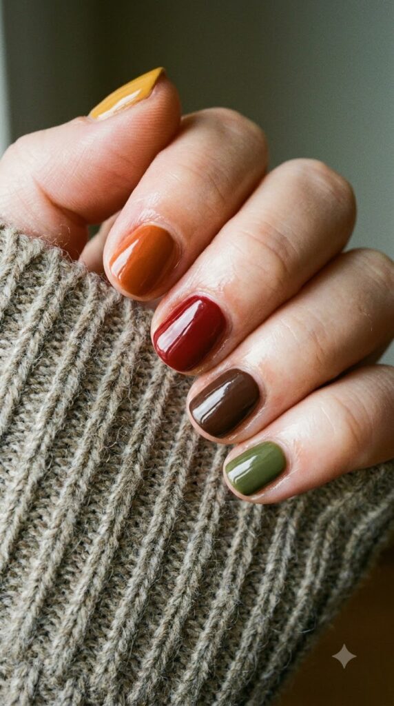 Short natural nails in a skittle palette of mustard, orange, red, brown, green