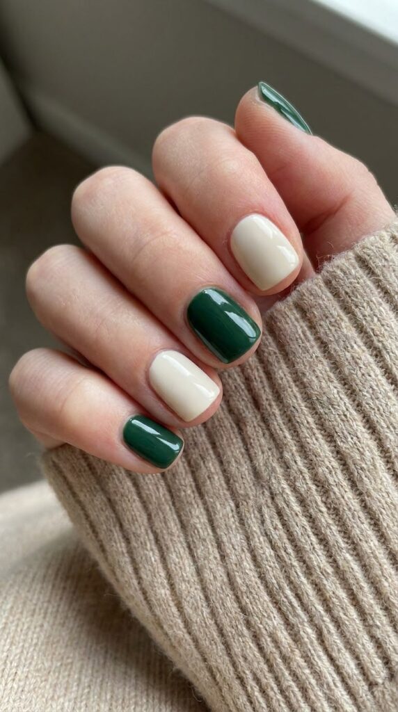 Short natural nails alternating deep forest green and creamy off-white
