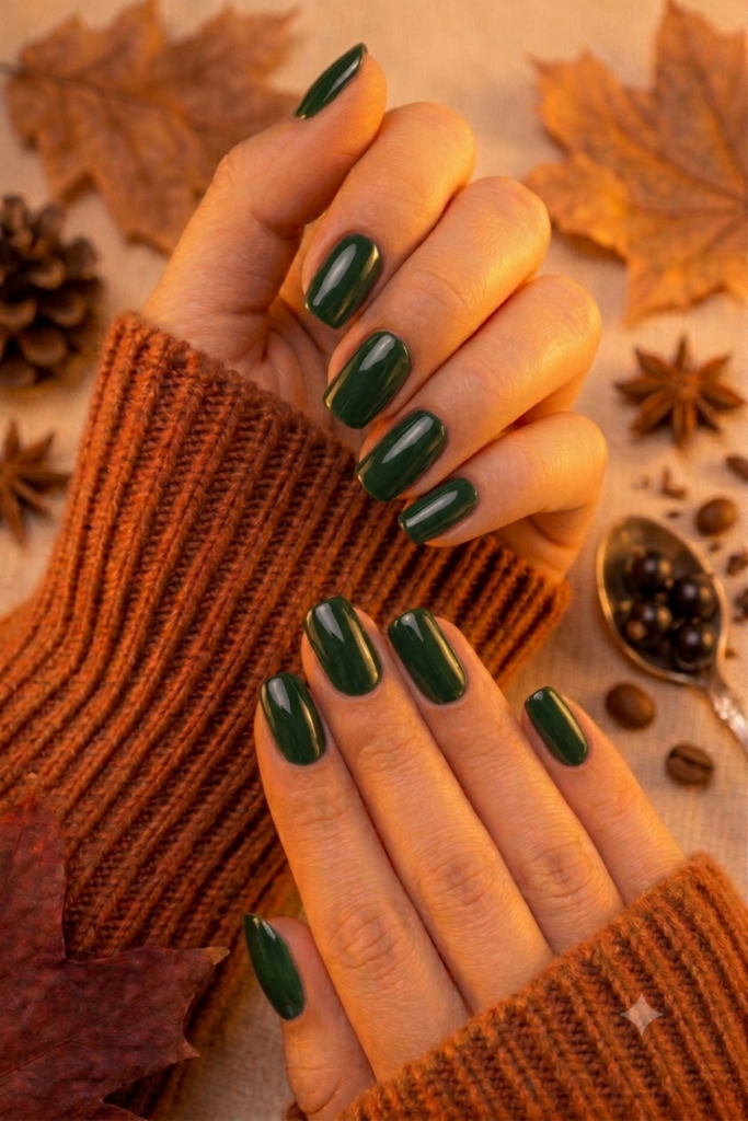 Short squoval nails painted in deep forest green glossy polish