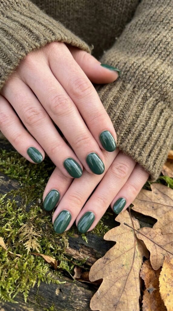 Short oval nails painted in deep rich forest green glossy polish