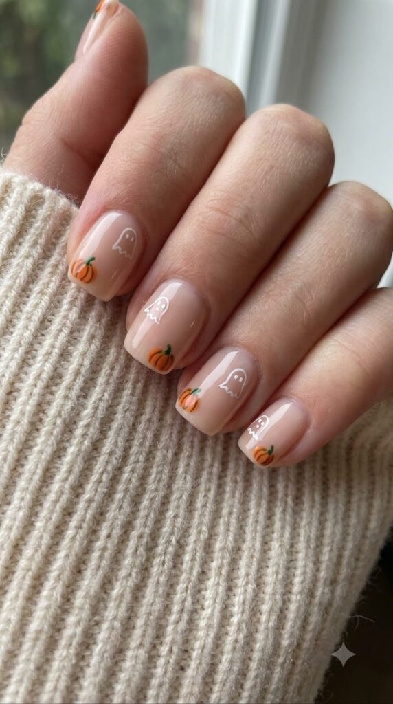 Short square nude nails with miniature white ghost outlines and tiny pumpkins