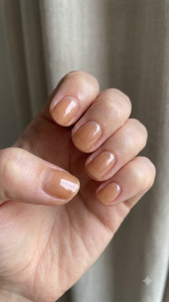 Short natural round sheer caramel nude nails buffed with pearl chrome powder