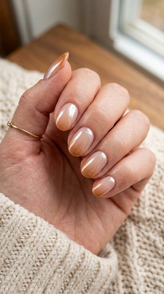Natural round sheer nude nails blending into caramel tips with glazed chrome