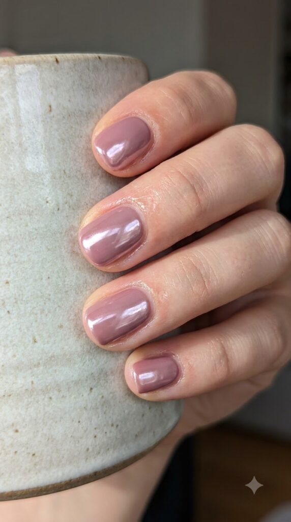 Short natural round muted mauve pink nails with glazed chrome powder finish